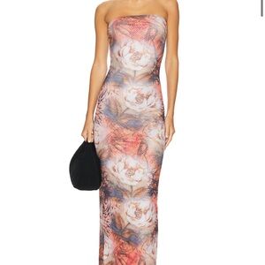 REVOLVE SUPERDOWN Strapless Floral Print Maxi Dress in Peach and Cream